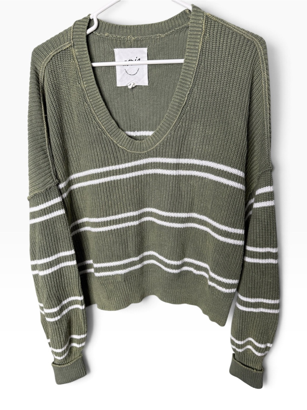 Aerie Olive Green White Striped V-Neck Sweater Size Medium